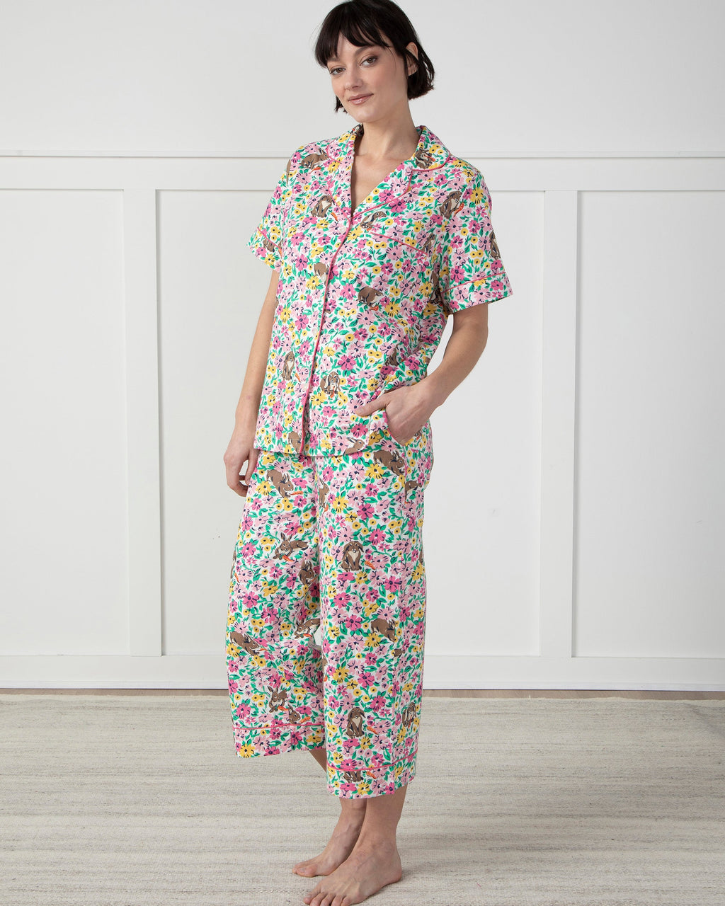 Bunny Trail - Short Sleeve Top & Cropped Pajama Pants Set - Spring Meadow