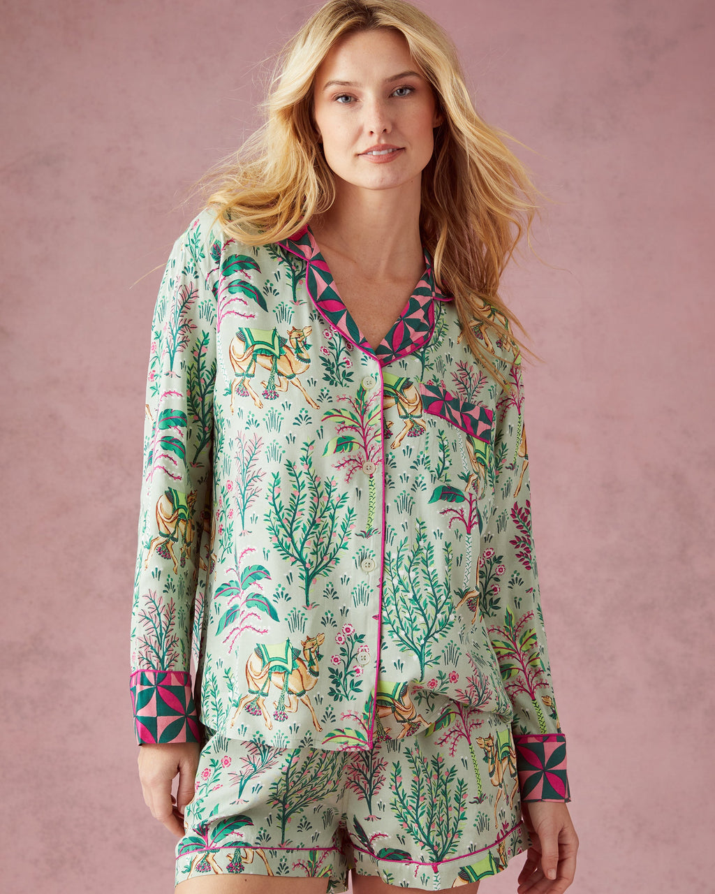 Camel's Courtyard - Satin Long Sleeve Top and Shorts Set - Avocado